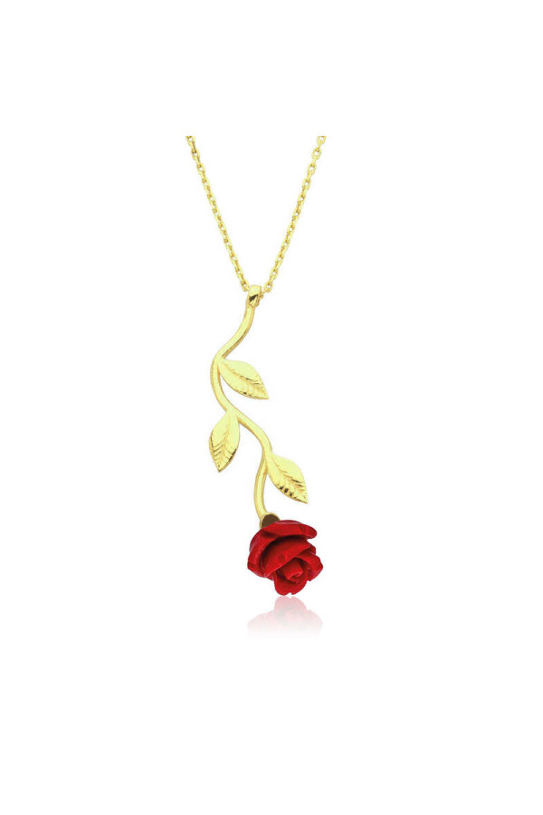 ​​Gümüş Gold Kırmızı Gül Kolye