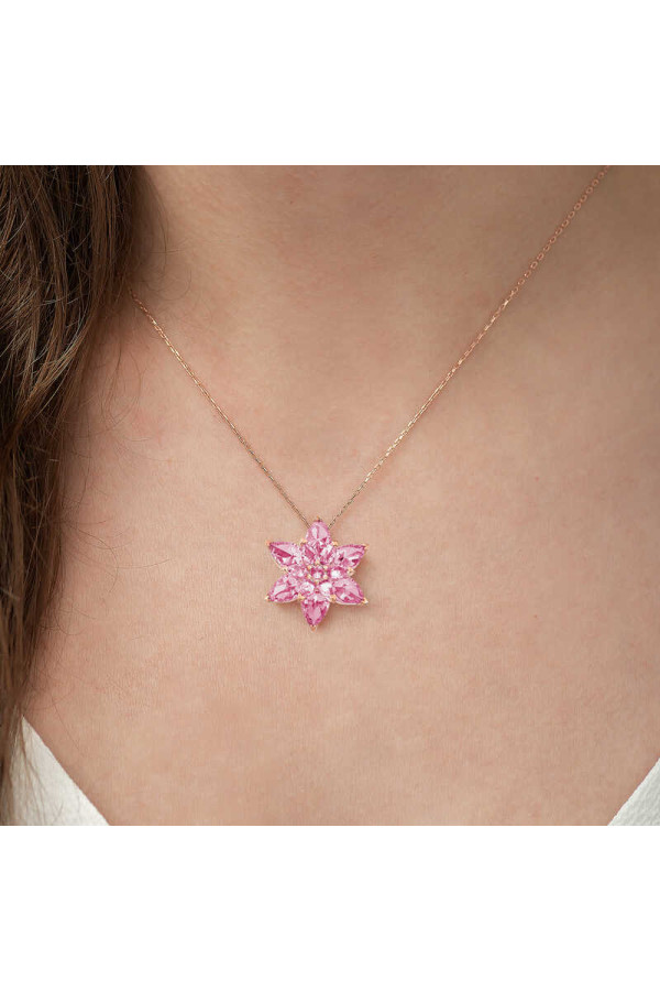 Gümüş Rose Pembe Lotus Çiçeği Kolye
