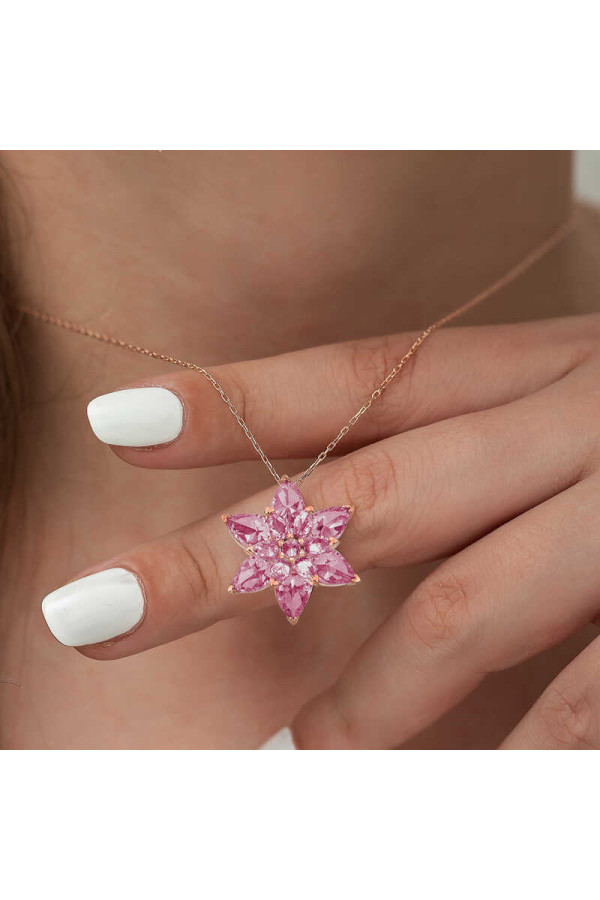 Gümüş Rose Pembe Lotus Çiçeği Kolye