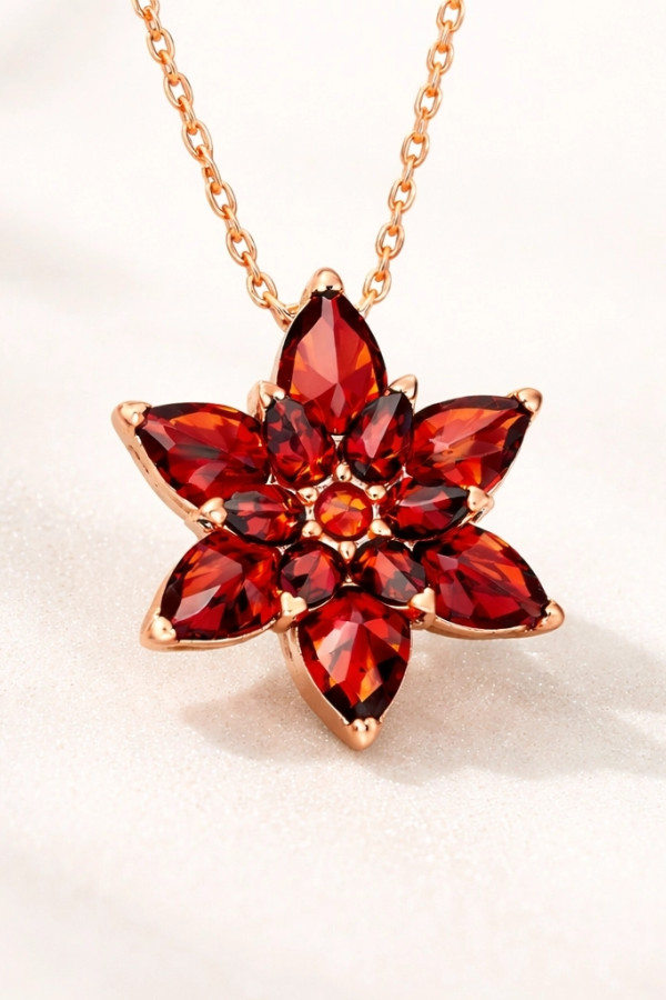 Gümüş Rose Kırmızı Lotus Çiçeği Kolye