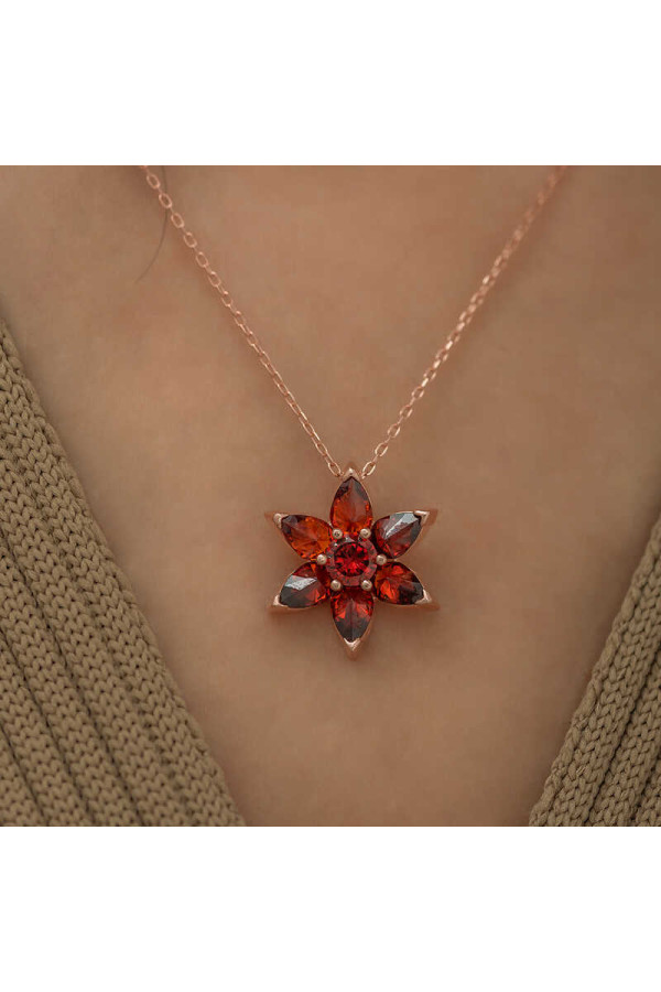Gümüş Rose Kırmızı Çiçek Kolye