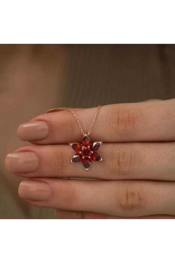 Gümüş Rose Kırmızı Çiçek Kolye