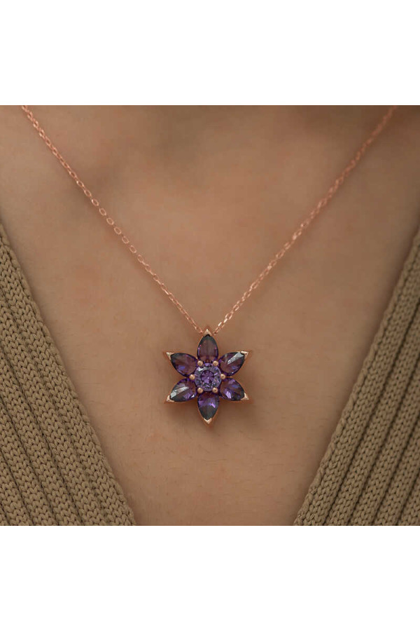​Gümüş Rose Mor Çiçek Kolye