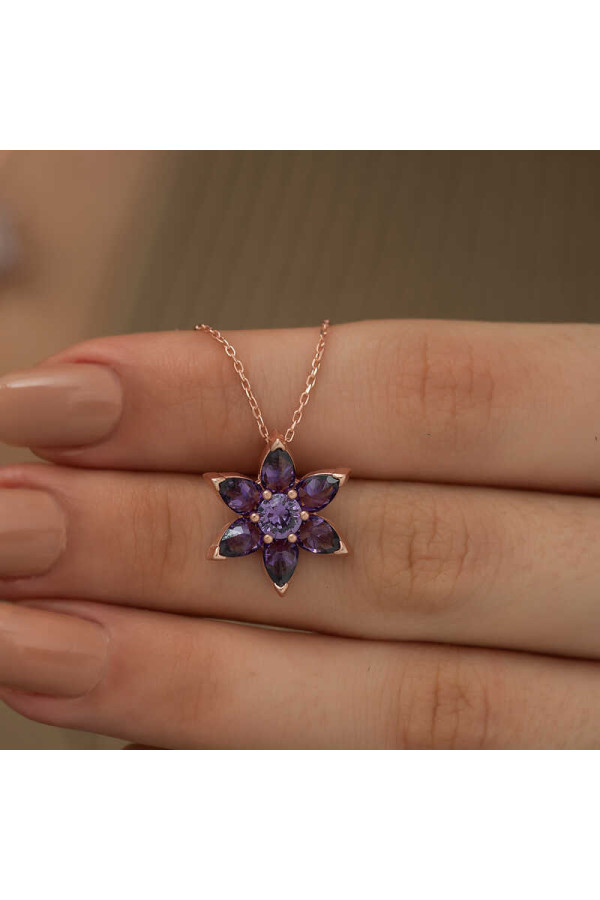 ​Gümüş Rose Mor Çiçek Kolye