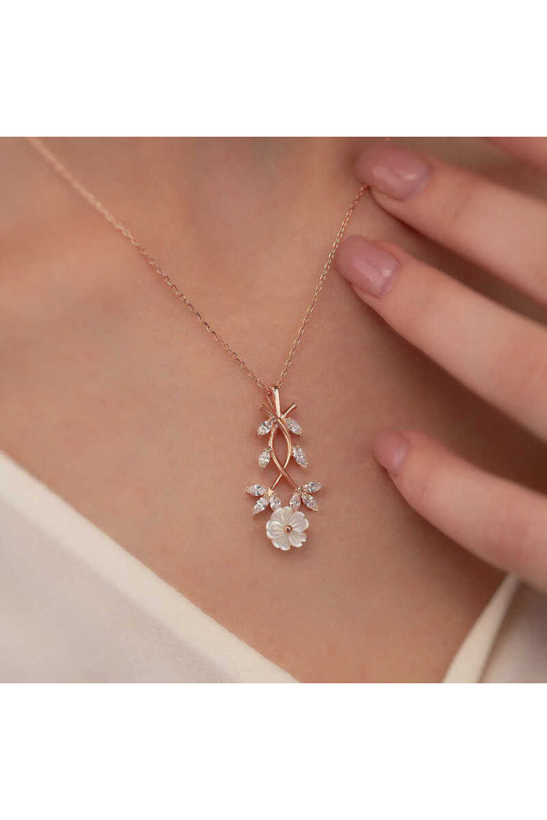 Gümüş Rose Beyaz Bahar Çiçeği Kolye