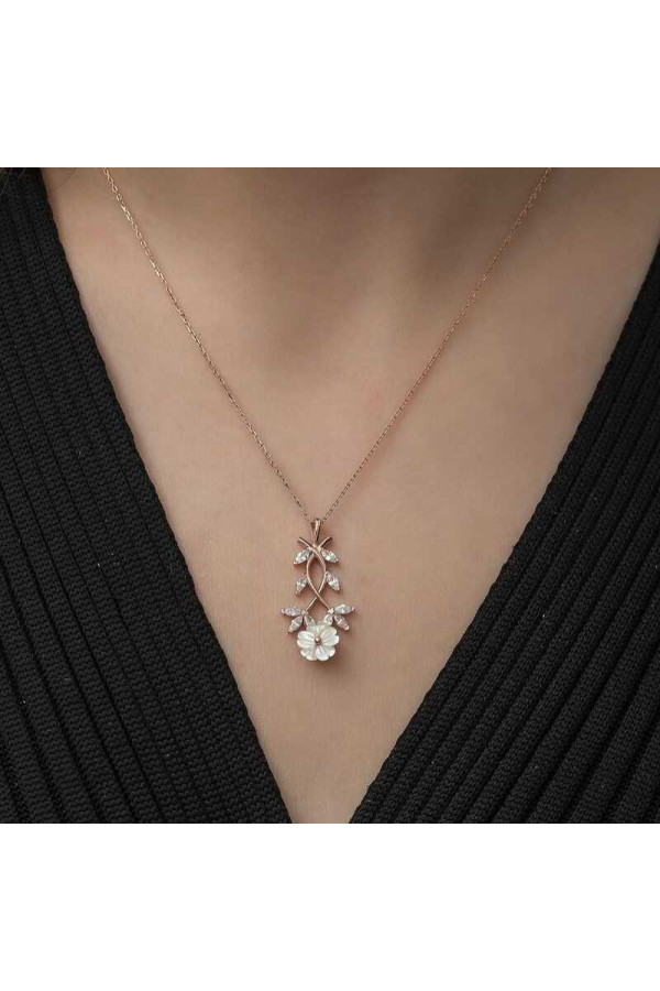 Gümüş Rose Beyaz Bahar Çiçeği Kolye
