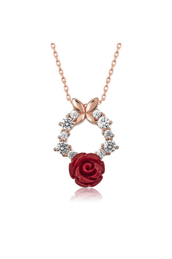 ​​Gümüş Rose Kırmızı Gül Kolye