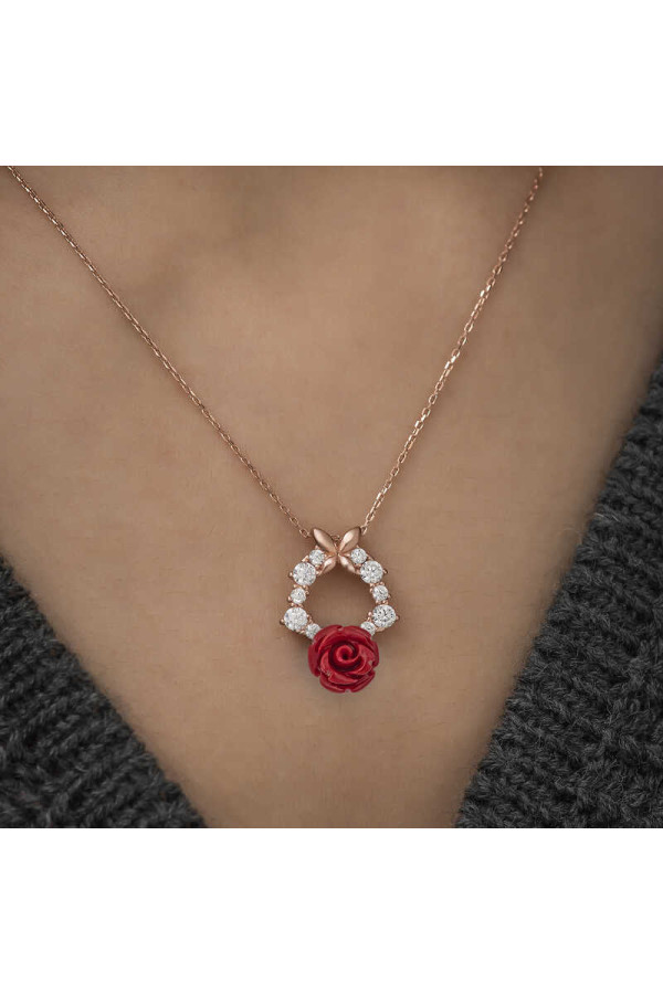 ​​Gümüş Rose Kırmızı Gül Kolye