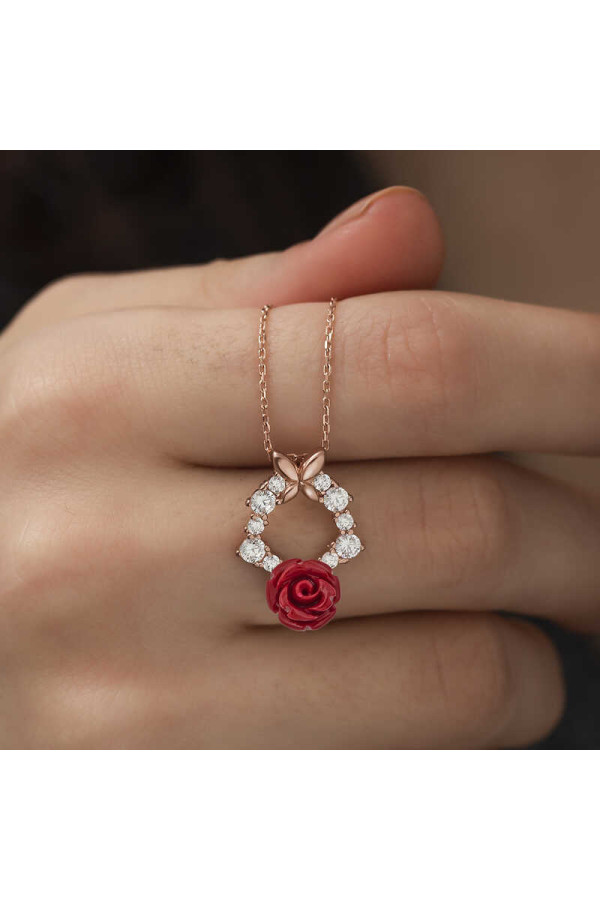 ​​Gümüş Rose Kırmızı Gül Kolye