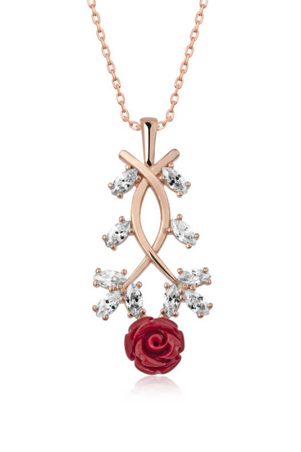 ​Gümüş Rose Kırmızı Gül Kolye