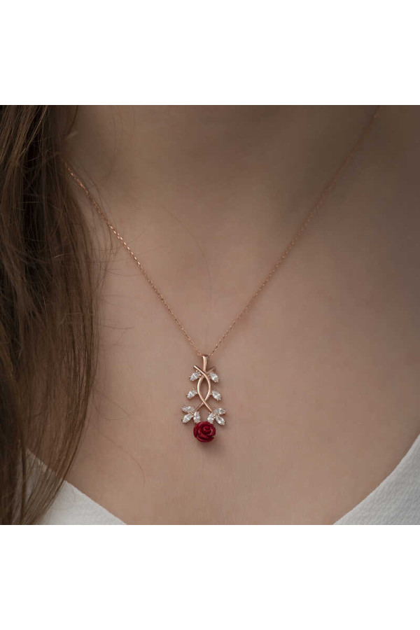 ​Gümüş Rose Kırmızı Gül Kolye