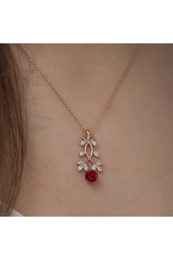 ​Gümüş Rose Kırmızı Gül Kolye