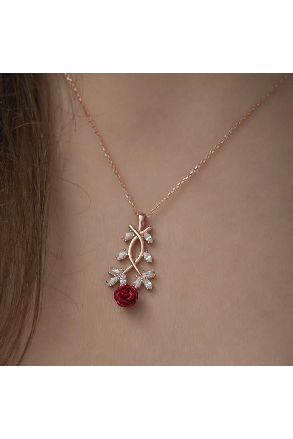 ​Gümüş Rose Kırmızı Gül Kolye