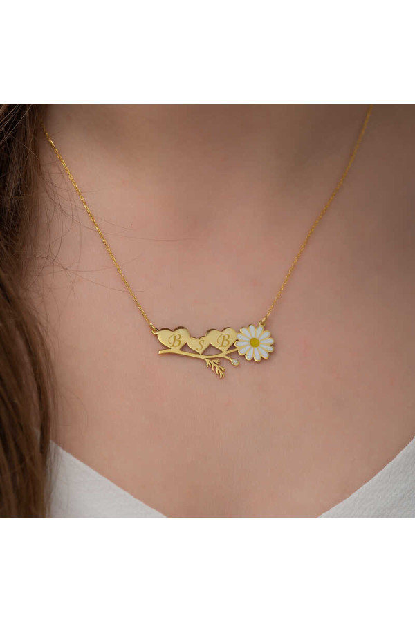 ​Gümüş Gold Kişiye Özel Kalpli Papatya Kolye