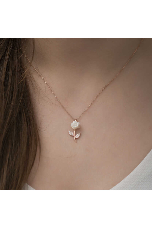 Gümüş Rose Beyaz Gül Kolye