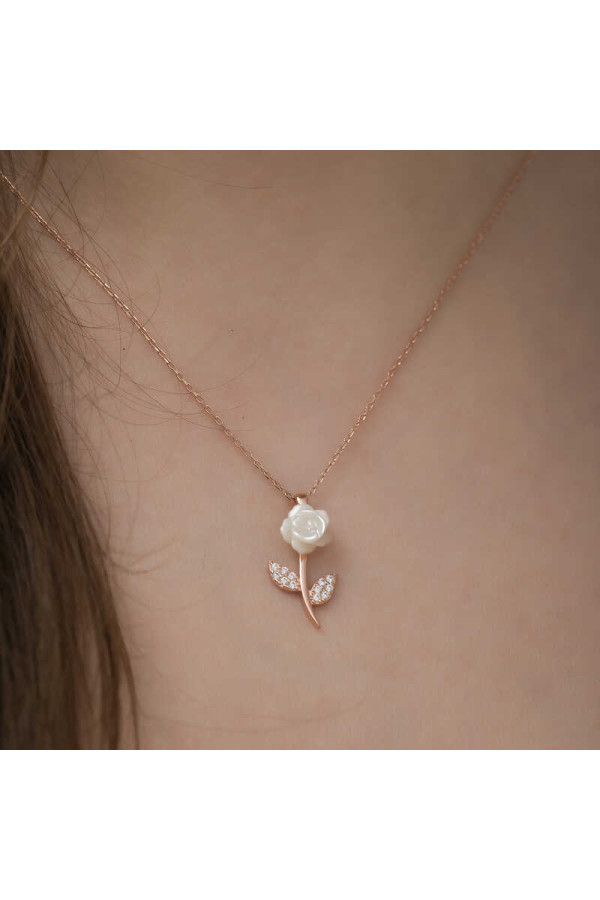 Gümüş Rose Beyaz Gül Kolye