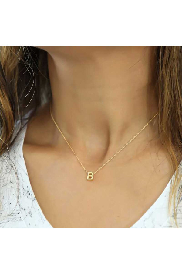 Gümüş Gold 3 Boyutlu B Harf Bayan Kolye