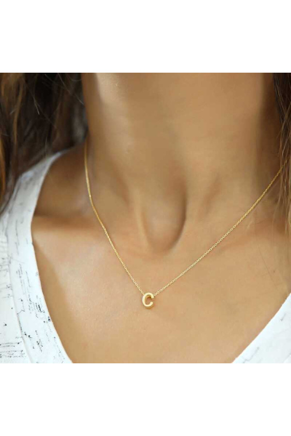 Gümüş Gold 3 Boyutlu C Harf Bayan Kolye