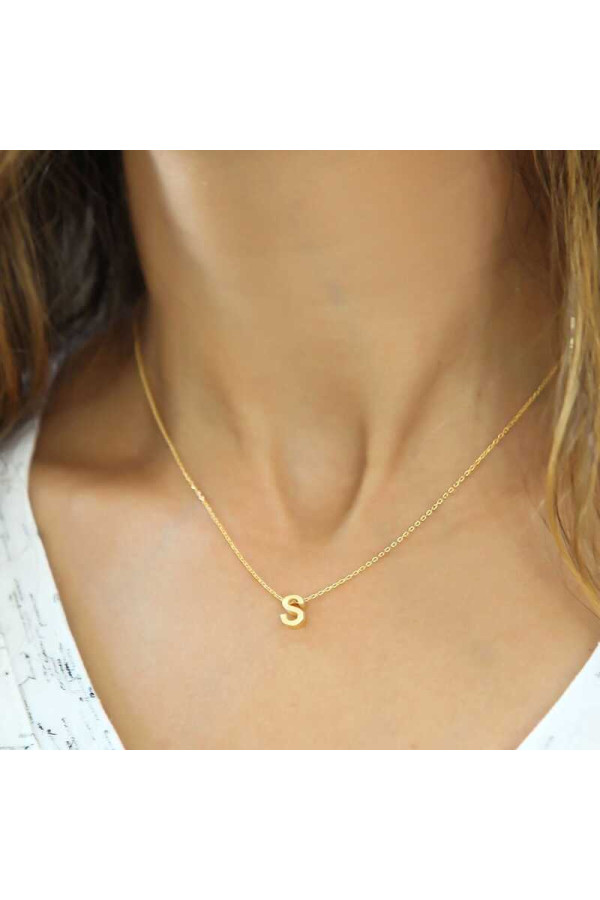 Gümüş Gold 3 Boyutlu S Harf Bayan Kolye