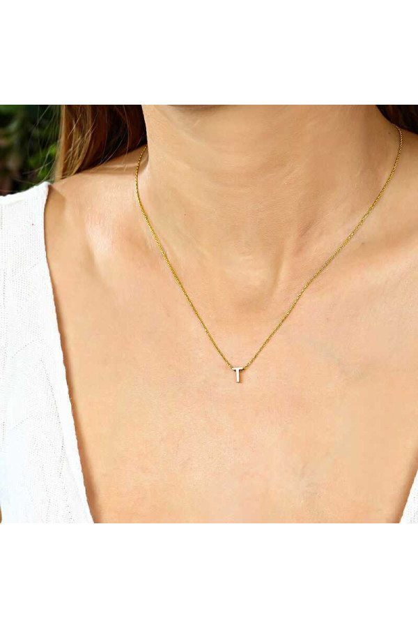 Gümüş Gold 3 Boyutlu T Harf Bayan Kolye