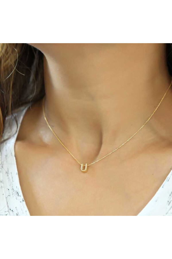 Gümüş Gold 3 Boyutlu U Harf Bayan Kolye