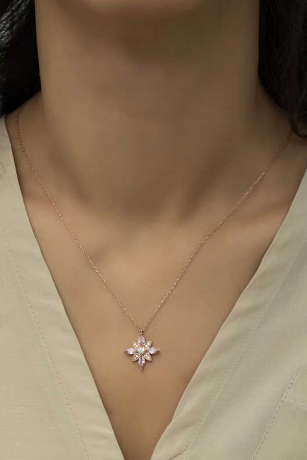 Gümüş Rose Pembe Taşlı Umut Çiçeği Kolye