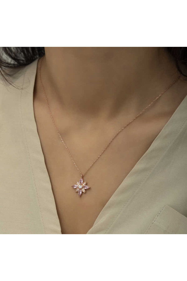 Gümüş Rose Pembe Taşlı Umut Çiçeği Kolye
