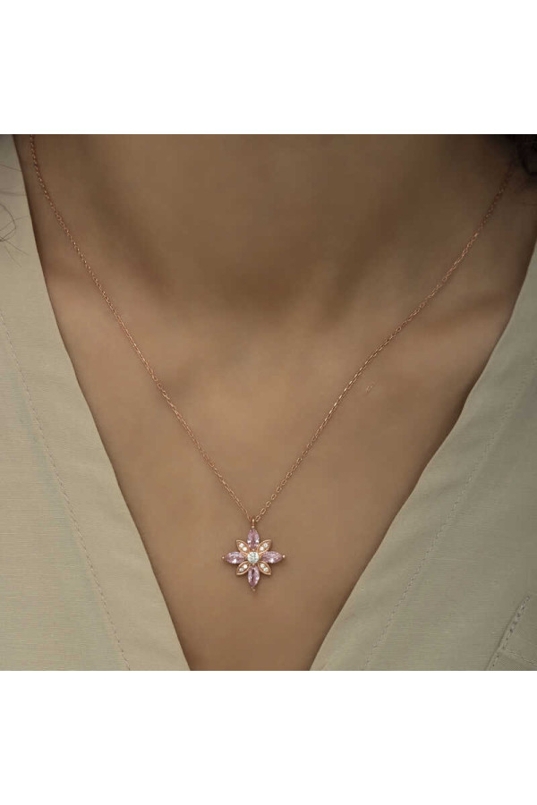 Gümüş Rose Pembe Taşlı Umut Çiçeği Kolye