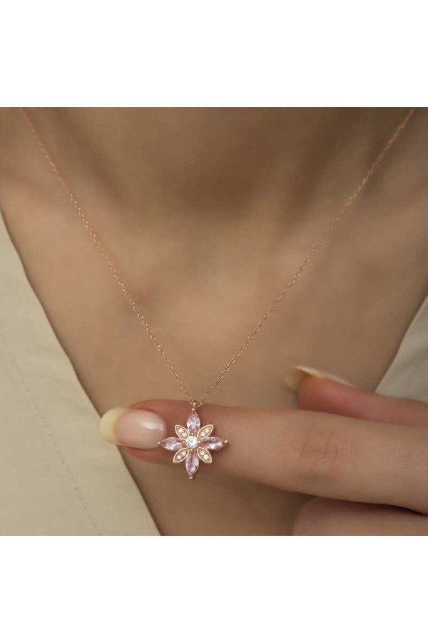 Gümüş Rose Pembe Taşlı Umut Çiçeği Kolye