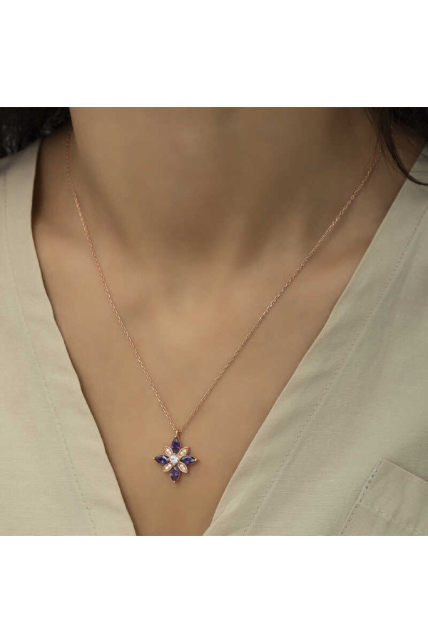 Gümüş Rose Mor Taşlı Umut Çiçeği Kolye
