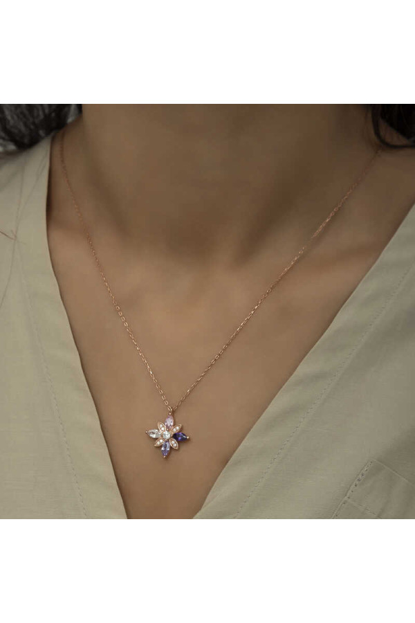 Gümüş Rose Mix Taşlı Umut Çiçeği Kolye