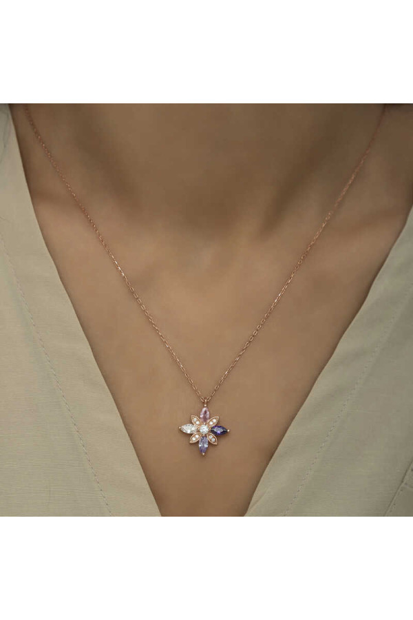Gümüş Rose Mix Taşlı Umut Çiçeği Kolye