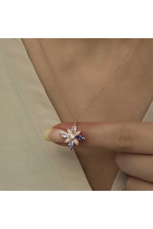 Gümüş Rose Mix Taşlı Umut Çiçeği Kolye