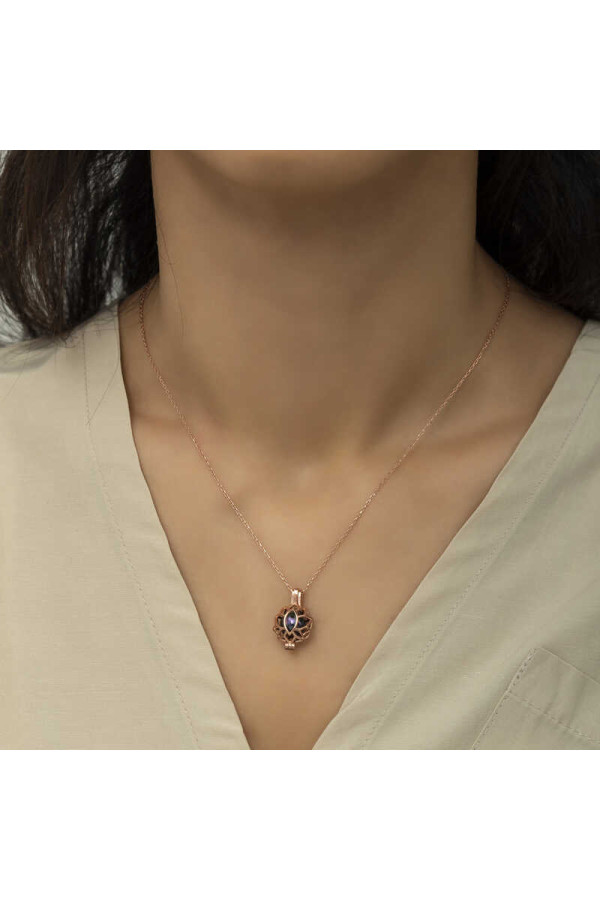 Gümüş Rose Kafesli Lotus Bayan Kolye