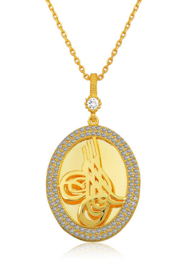 Gümüş Gold Tuğralı Oval Bayan Kolye