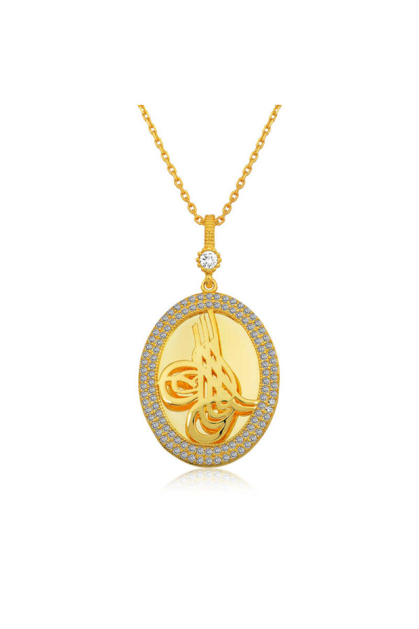 Gümüş Gold Tuğralı Oval Bayan Kolye
