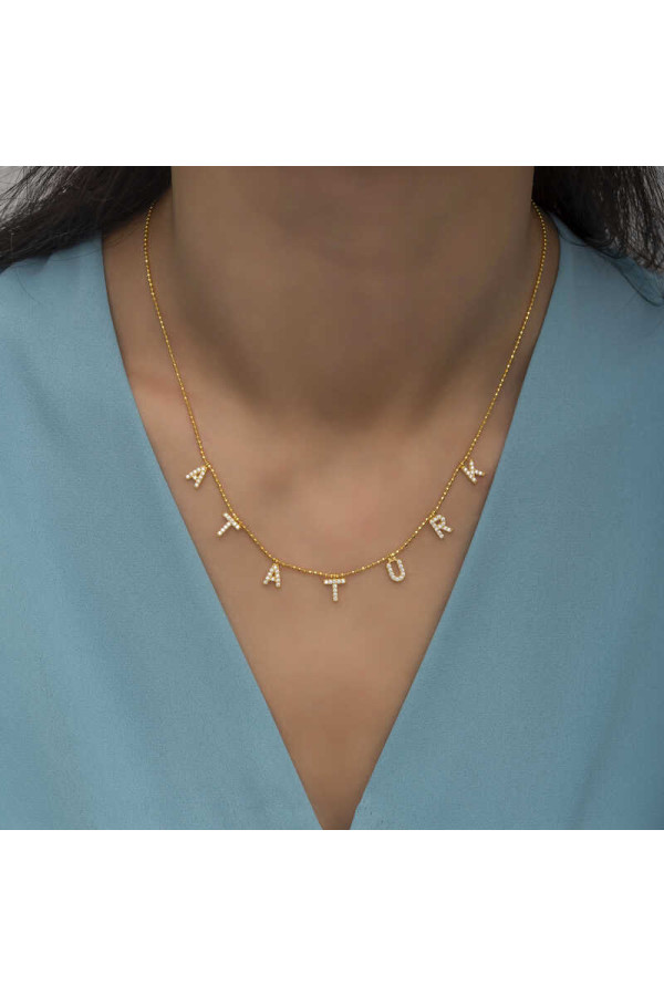Gümüş Gold Atatürk Yazılı Bayan Kolye