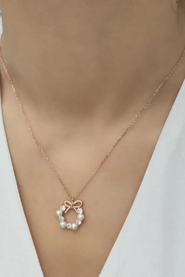 Gümüş Rose İnci Kurdele Kadın Kolye