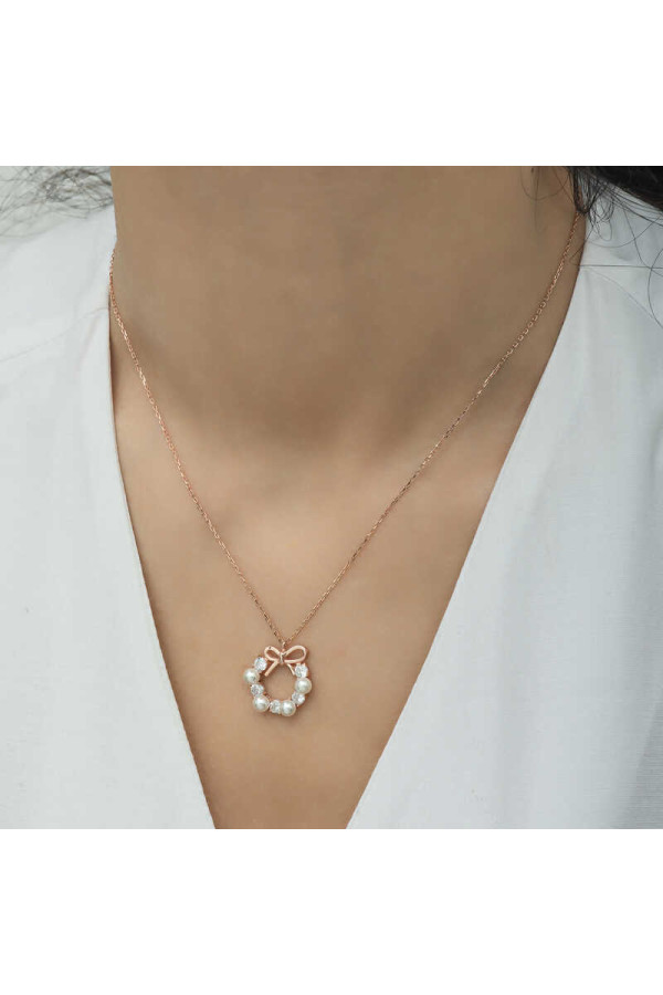 Gümüş Rose İnci Kurdele Kadın Kolye
