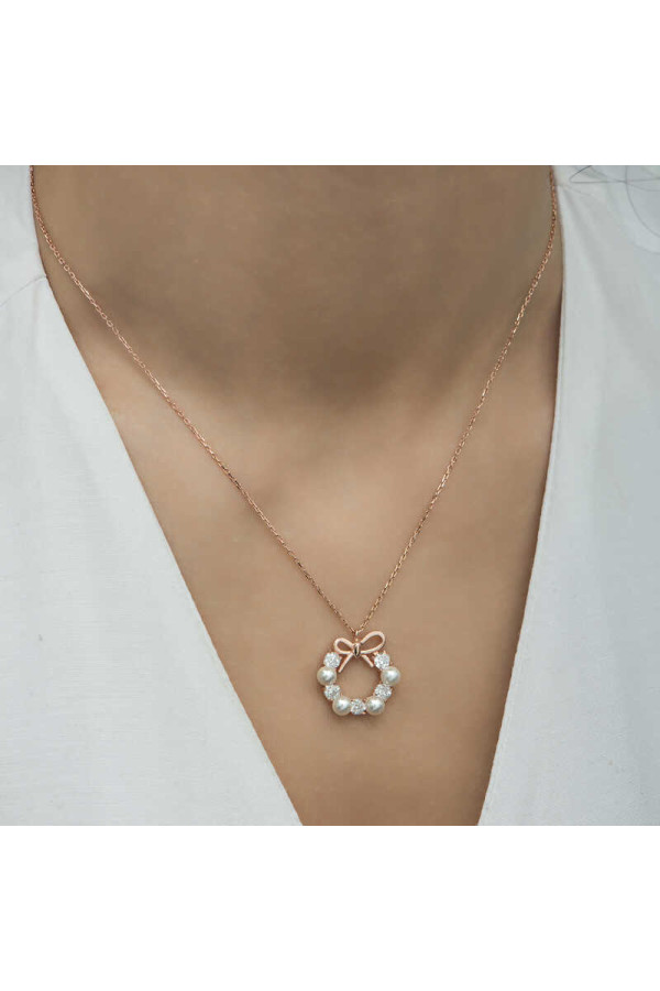 Gümüş Rose İnci Kurdele Kadın Kolye