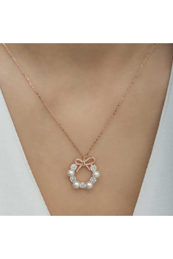Gümüş Rose İnci Kurdele Kadın Kolye