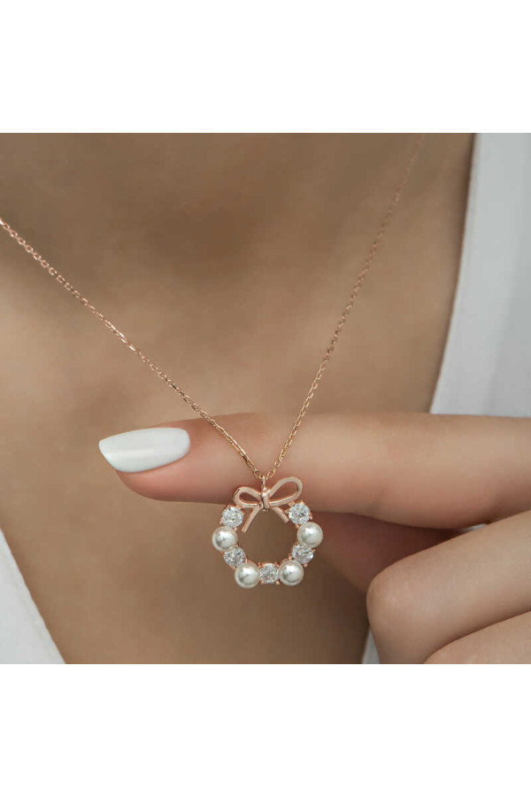 Gümüş Rose İnci Kurdele Kadın Kolye