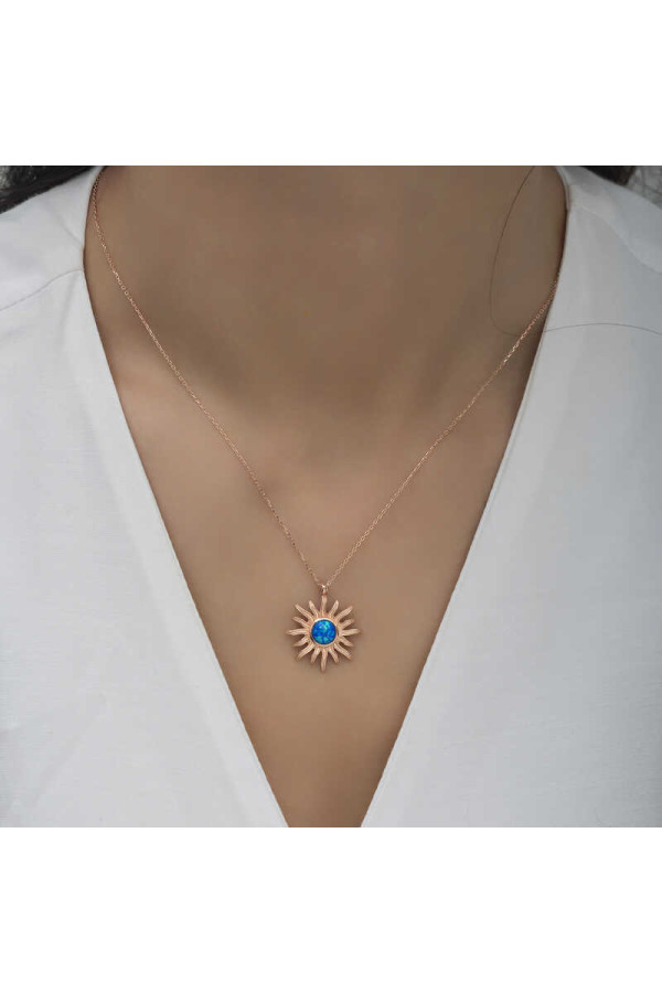 ​Gümüş Rose Mavi Opal Taşlı Güneş Kadın Kolye