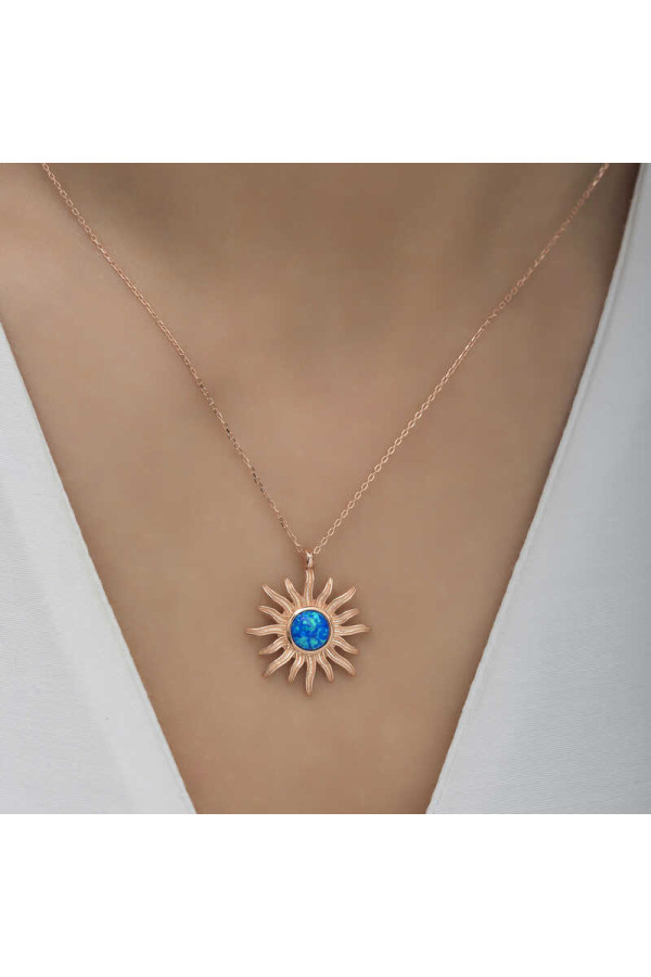 ​Gümüş Rose Mavi Opal Taşlı Güneş Kadın Kolye