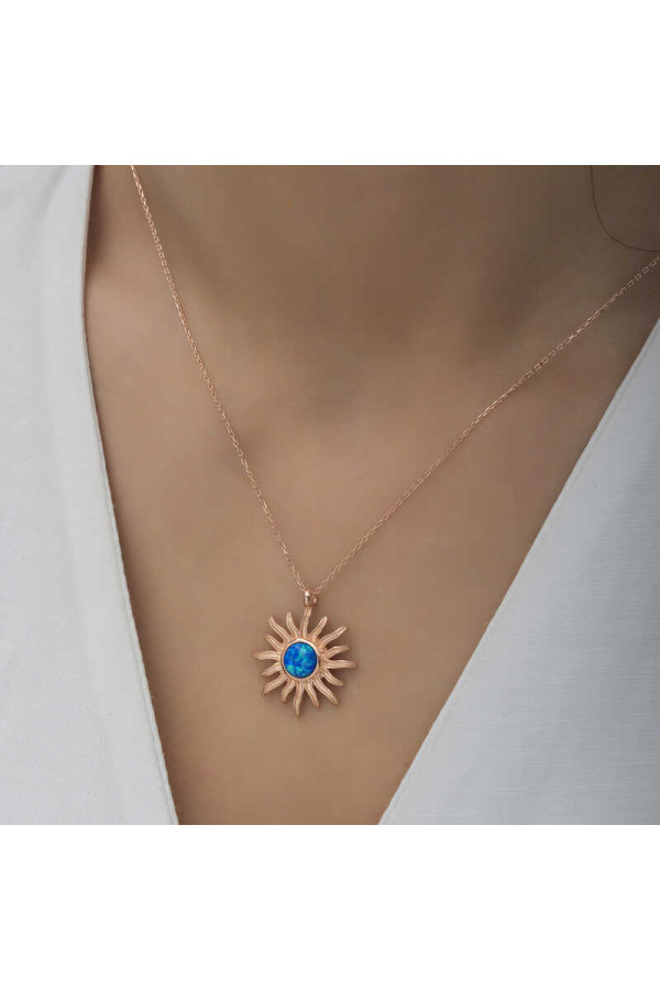 ​Gümüş Rose Mavi Opal Taşlı Güneş Kadın Kolye