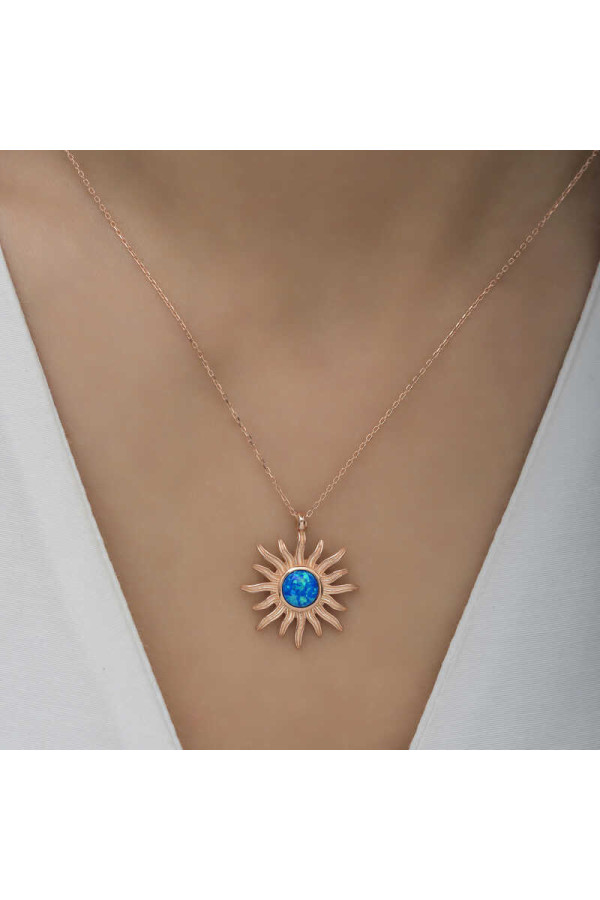 ​Gümüş Rose Mavi Opal Taşlı Güneş Kadın Kolye