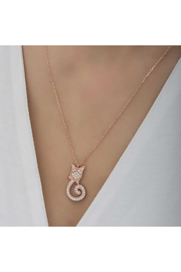 Gümüş Rose Kedi Kadın Kolye
