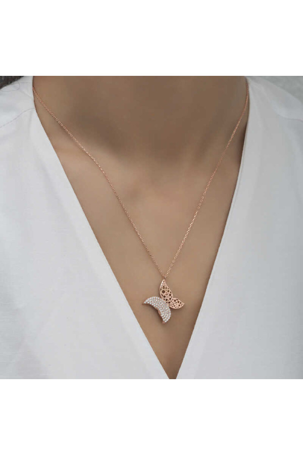 Gümüş Rose Kelebek Kadın Kolye