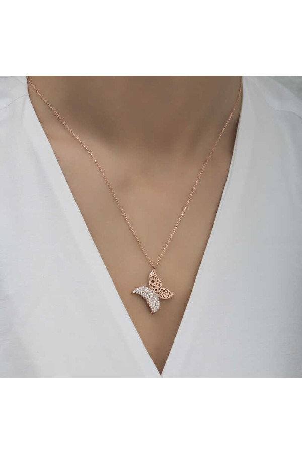 Gümüş Rose Kelebek Kadın Kolye