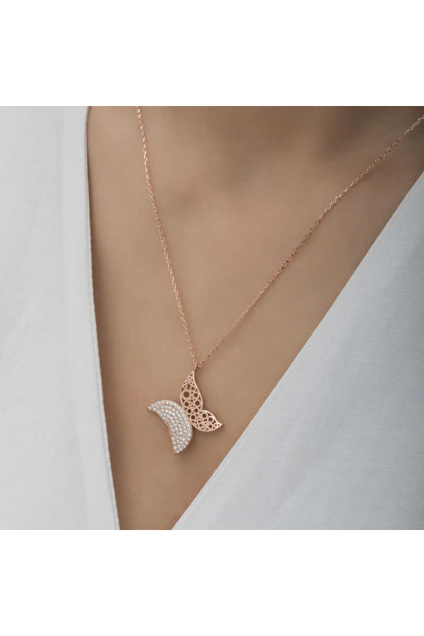 Gümüş Rose Kelebek Kadın Kolye
